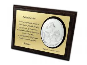 Pamiątka Komunii dla chłopczyka - srebrny owalny obrazek 6571/1XO na podkładzie drewnianym