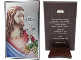 Pamiątka I Komunii  Św. - kolorowy srebrny obrazek z Jezusem i Hostią 81287/COL z grawerem